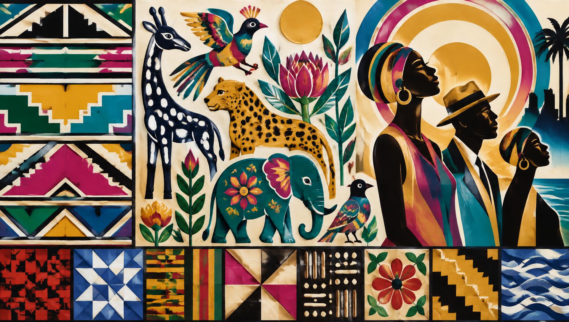 Wall of nine painting traditions — geometric mural blocks, enamel folk animals, and deco silhouettes